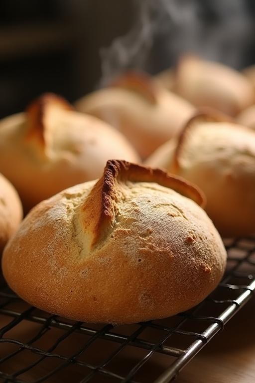 Loaves of artisan sourdough cooling on a wire rack.